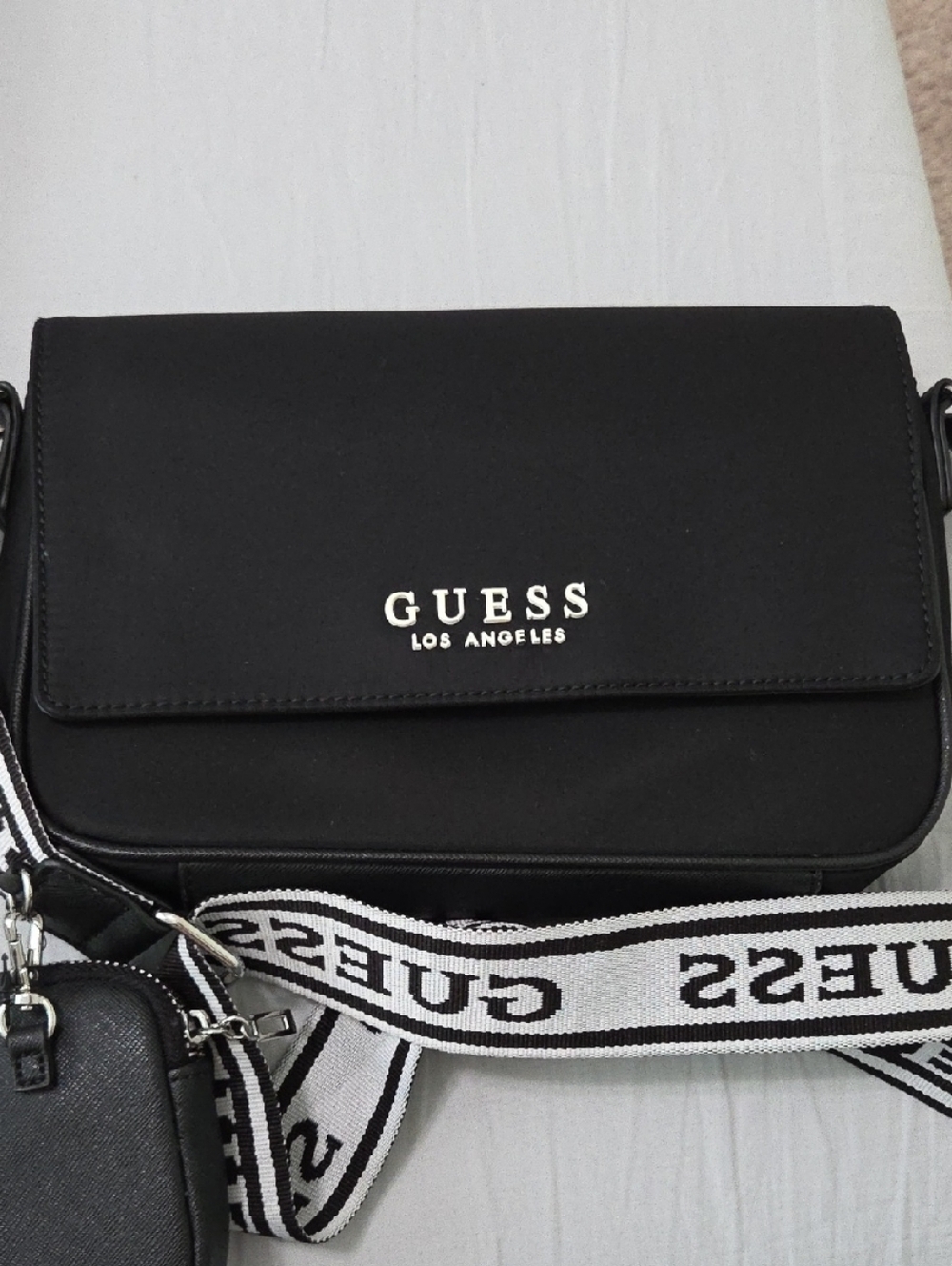 GUESS Black Crossbody with Branded Webbing Strap and Detachable Pouch